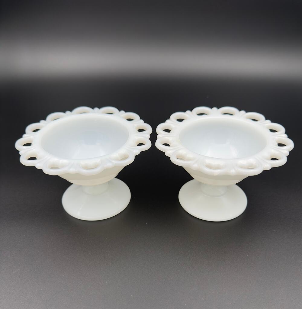 Vintage Milk Glass Lace Edge Footed Compotes Set of 2, Heart Cutout Rim